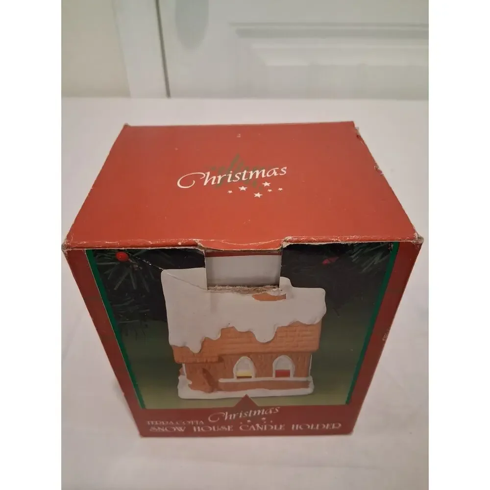Vintage 1980s 1990s Terracotta Christmas Snow House Votive Candle Holder Box